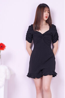 Fine Puff Sleeve Knot Front Textured Ruffle Playsuit (Black)